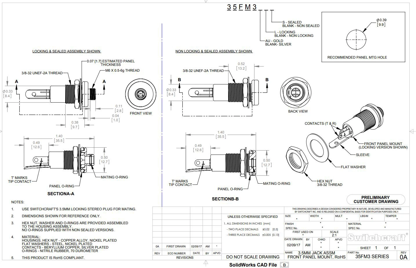 Switchcraft 35FM3 3.5mm Harsh Environment Stereo Panel Front Mount Jack Silver Contacts Flush Mount 4 Switchcraft 35FM3 3.5mm Harsh Environment Stereo Panel Front Mount Jack Silver Contacts Flush Mount - Image 2