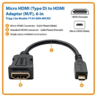 Tripp Lite P142-06N-MICRO Micro HDMI To HDMI Adapter For Ultrabook/Laptop/Desktop PC - 1920x1200/1080p Type D M/F 6-in. -Neutrik shop TRL P14206NMICRO 1