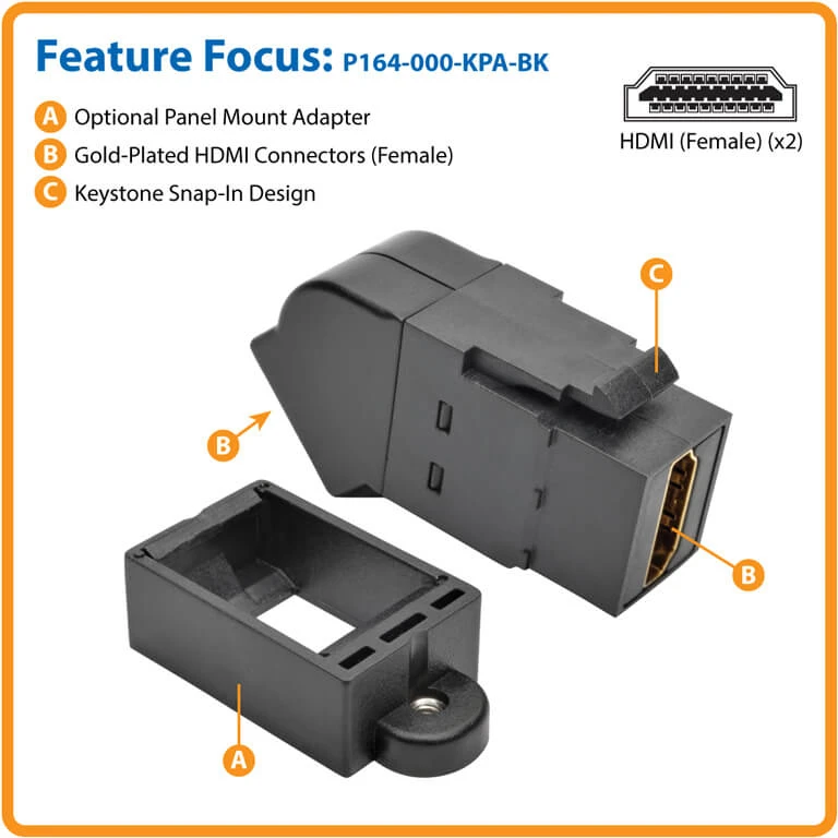 Tripp Lite P164-000-KPA-BK HDMI All-in-One Keystone/Panel Mount Angled Coupler (F/F) - Black 6 Tripp Lite P164-000-KPA-BK HDMI All-in-One Keystone/Panel Mount Angled Coupler (F/F) - Black - Image 4